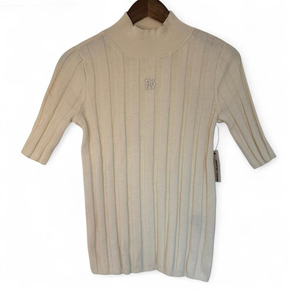 NWT Small Cream Knit Mock Neck Half Sleeve Ribbed Sweater Top Shirt DKNY Prepp